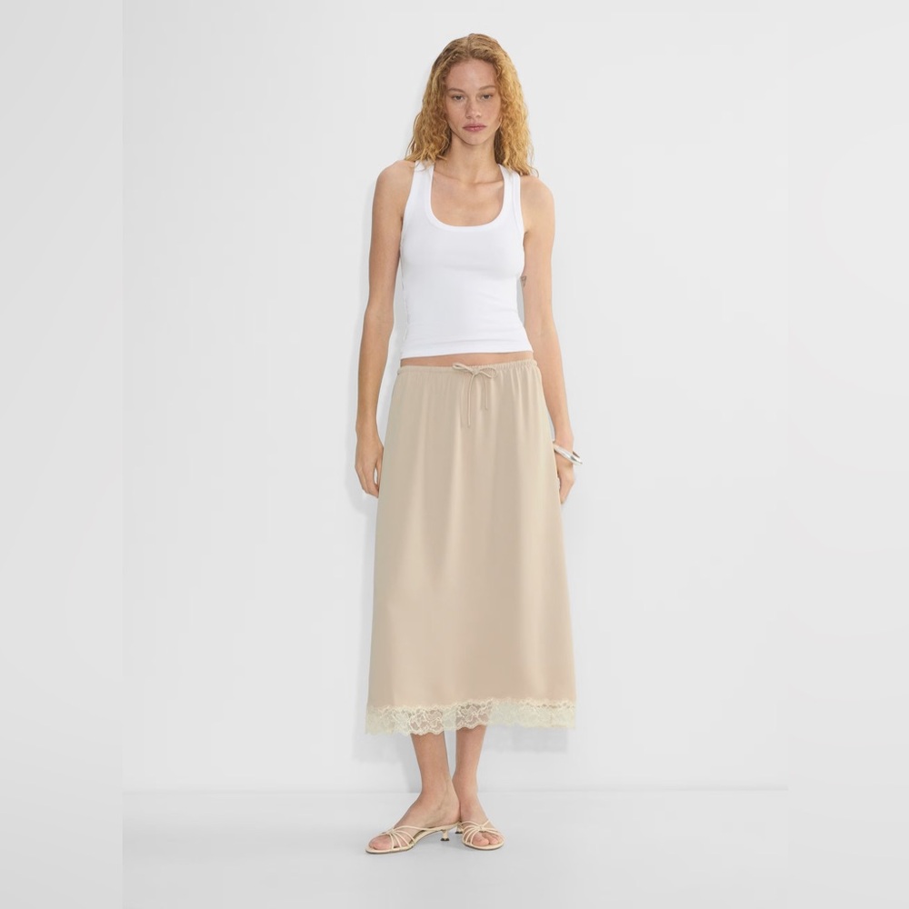 Aritzia Wilfred Iris Beige Lace-Hem Neutral MIDI Skirt Sz L